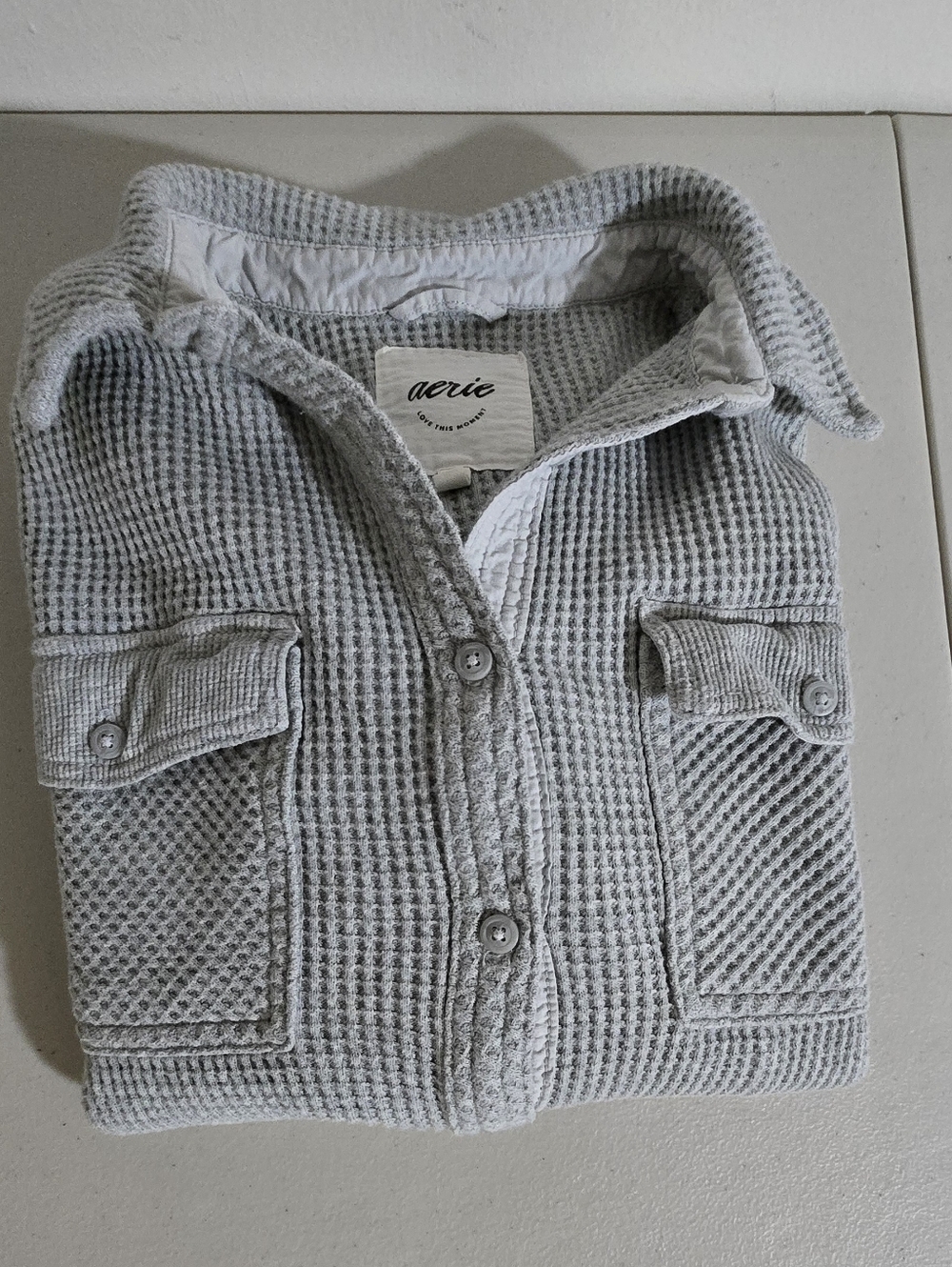Aerie Waffle Knit Boxy Casual Light Heather Gray Button-Up Top Size S